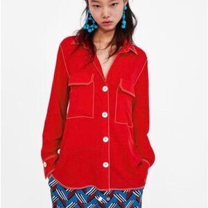 Zara, women's red button front, lightweight collared shirt with pockets